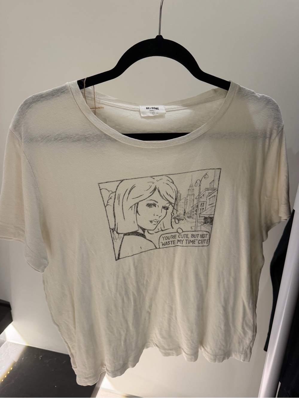 Re/Done Cream Graphic Tee with Black Comic Print